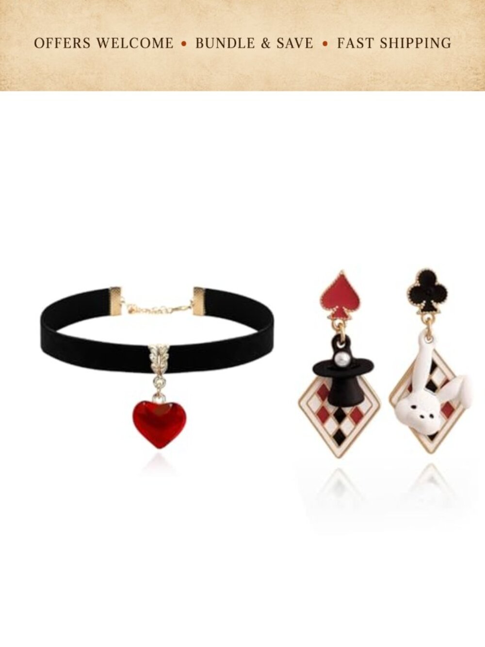 Red Heart Necklace Earrings Set Black Velvet Choker Costume Jewelry Set